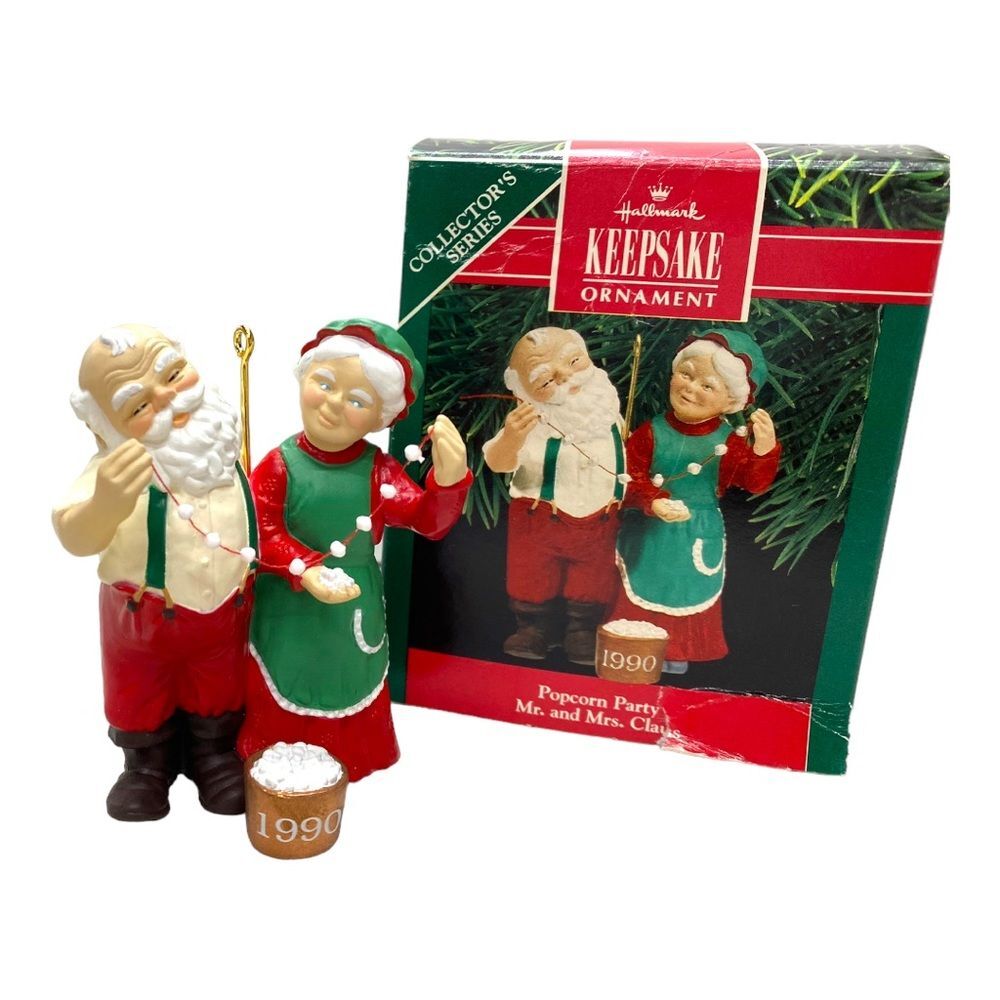 1990 Hallmark Keepsake Popcorn Party Mr and Mrs Claus Collector's Ornament